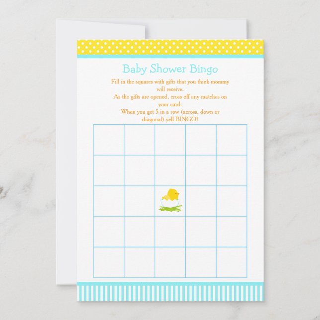 Blue and Yellow Boy Chick Baby Shower Bingo Invitation (Front)