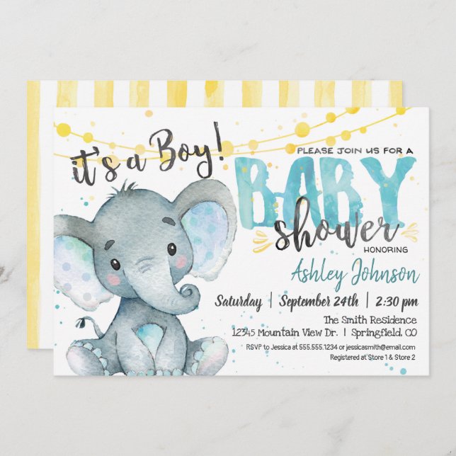 Blue and Yellow Boy Elephan Baby Shower Invitation (Front/Back)