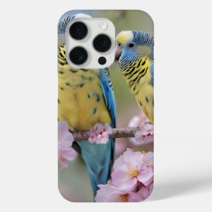 Blue And Yellow Budgies In Pink Blossom Tree, iPhone 15 Pro Case