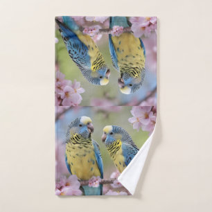 Blue And Yellow Budgies In Pink Blossom Tree, Hand Towel