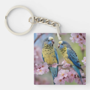 Blue And Yellow Budgies In Pink Blossom Tree, Key Ring
