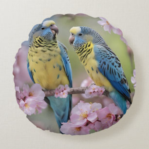 Blue And Yellow Budgies In Pink Blossom Tree, Round Cushion