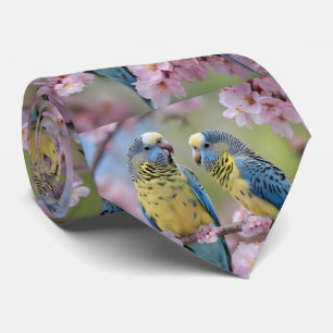Blue And Yellow Budgies In Pink Blossom Tree, Tie