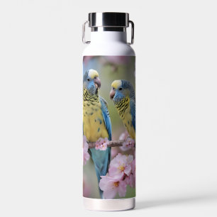 Blue And Yellow Budgies In Pink Blossom Tree, Water Bottle