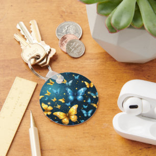 Blue And Yellow Butterflies Flying, Key Ring