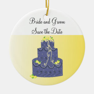 Blue and Yellow Cake Save the Date Ceramic Tree Decoration