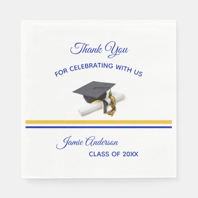 Blue and Yellow Cap & Tassel | Graduation Party Napkin (Front)