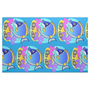 Blue and Yellow Cartoon Salt Water Fish 2 Fabric