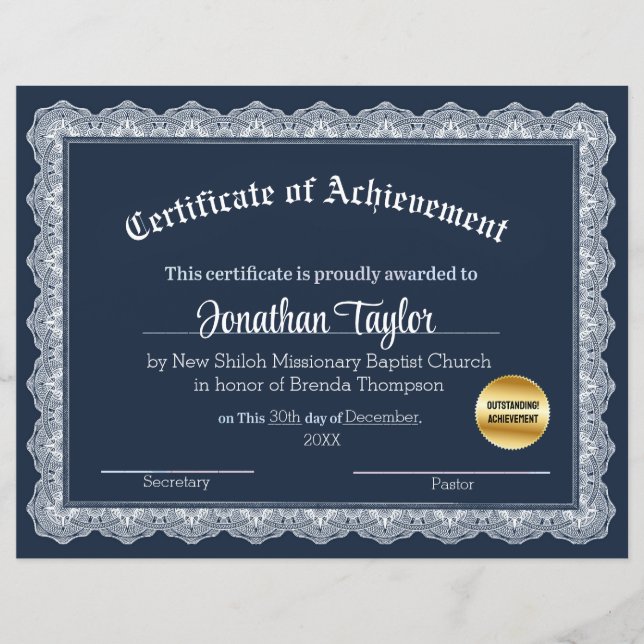 Blue and Yellow Certificate of Achievement (Front)