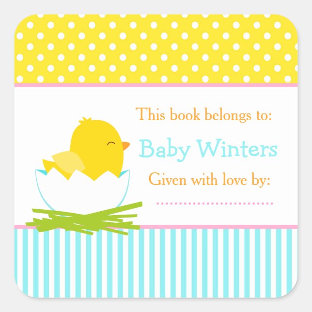 Blue and Yellow Chick Baby Shower Bookplate Square Sticker (Front)