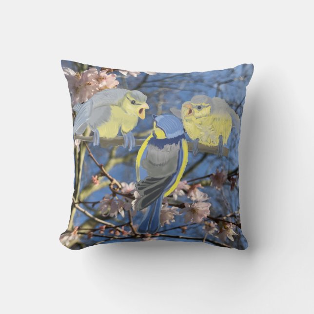 Blue and Yellow Chickadee family Cushion (Front)