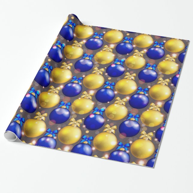 Blue and Yellow Christmas Balls with Bows Wrapping Paper (Unrolled)