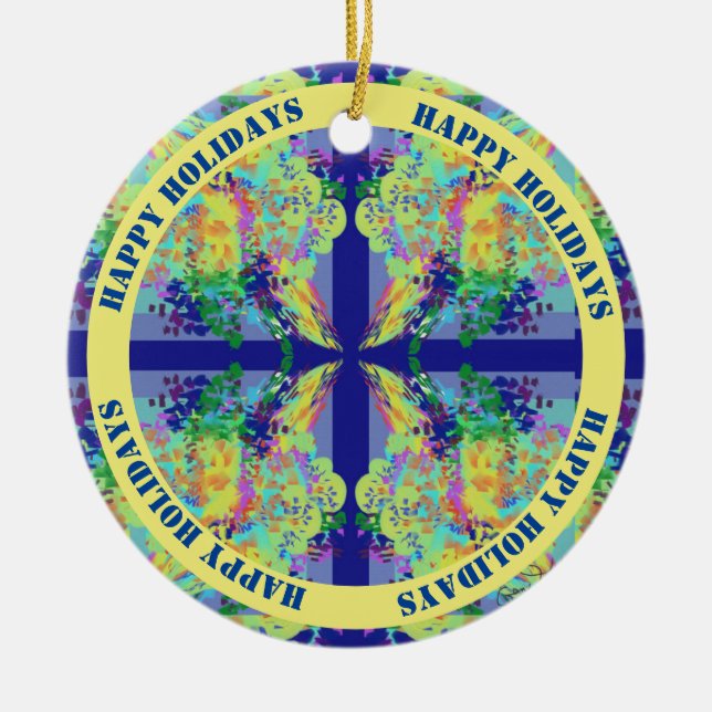 Blue and Yellow Cross Design - Customisable Text Ceramic Tree Decoration (Front)