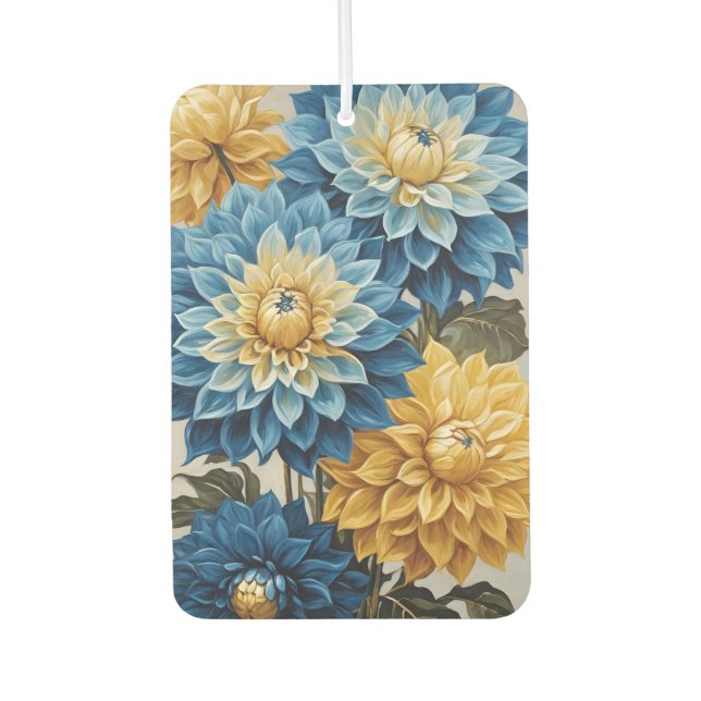 Blue and yellow dahlias car air freshener (Front)