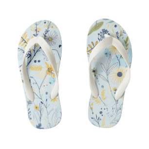 Blue and Yellow Daisy Pattern Kid's Flip Flops