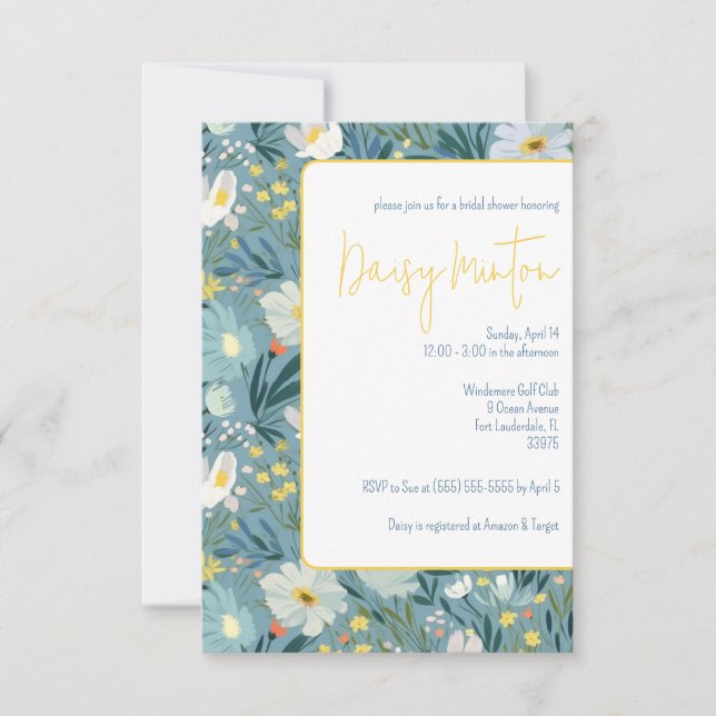 Blue and Yellow Daisy, Spring Floral Bridal Shower Invitation (Front)