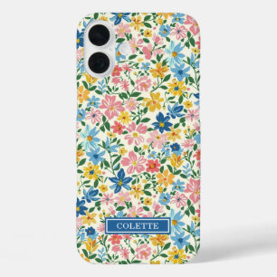 Blue and Yellow Ditsy Flowers Monogrammed iPhone 16 Plus Case