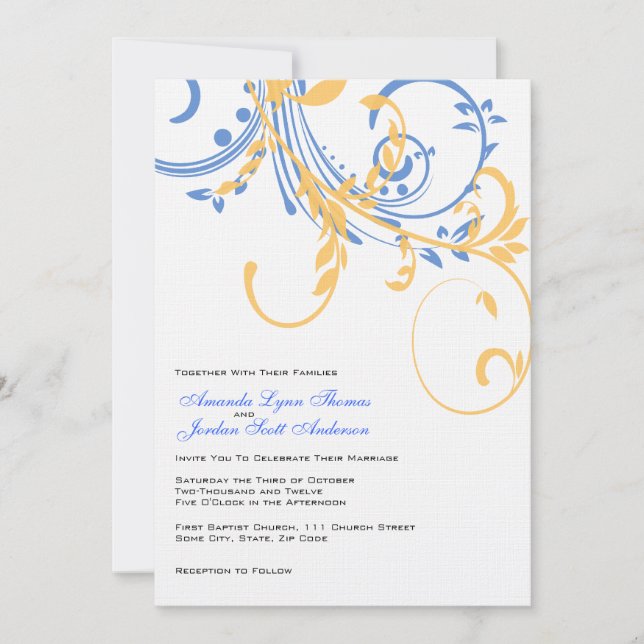 Blue and Yellow Double Floral Wedding Invitation (Front)