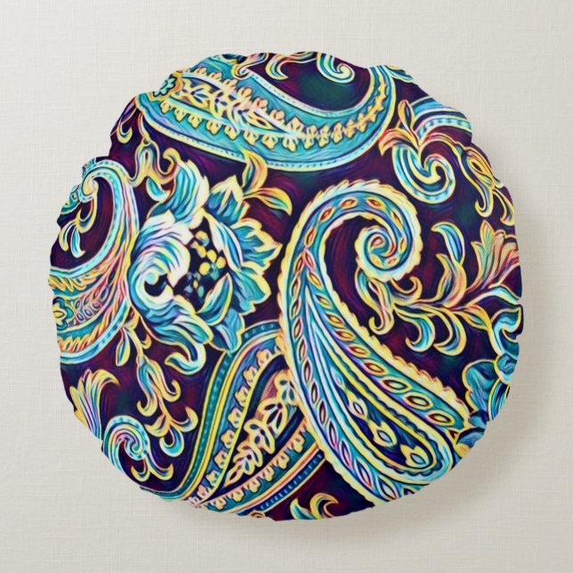Blue and Yellow Dream Vintage Paisley Round Cushion (Front)