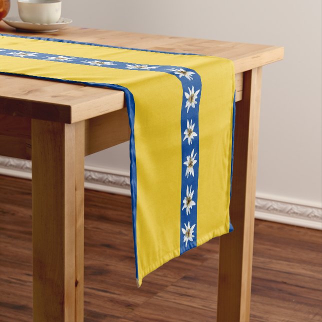 Blue and Yellow Edelweiss Floral Short Table Runner (In Situ)