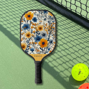 Blue and Yellow Field Flowers Modern Monogram Pickleball Paddle