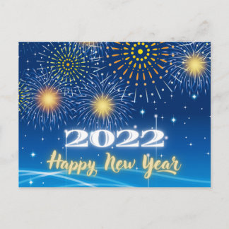 Blue and Yellow Fireworks Happy New Year 2022 Postcard