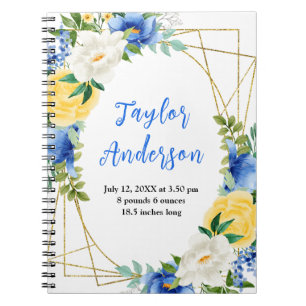 Blue and Yellow Floral Baby Birth Stats Notebook