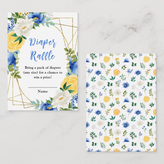 Blue and Yellow Floral Baby Shower Diaper Raffle Enclosure Card (Front/Back)