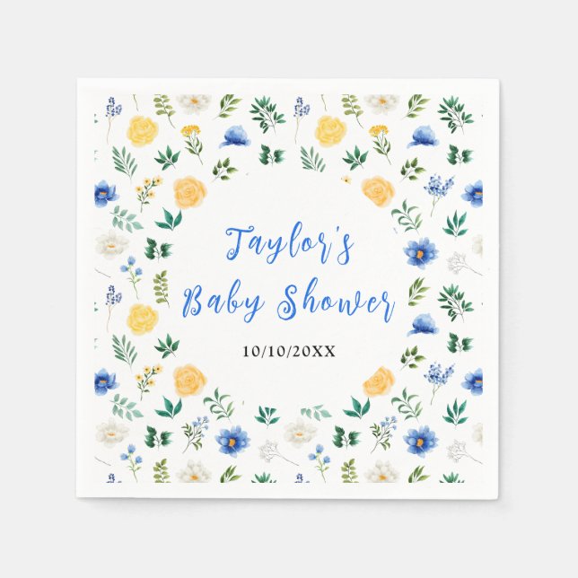 Blue and Yellow Floral Baby Shower Napkin (Front)
