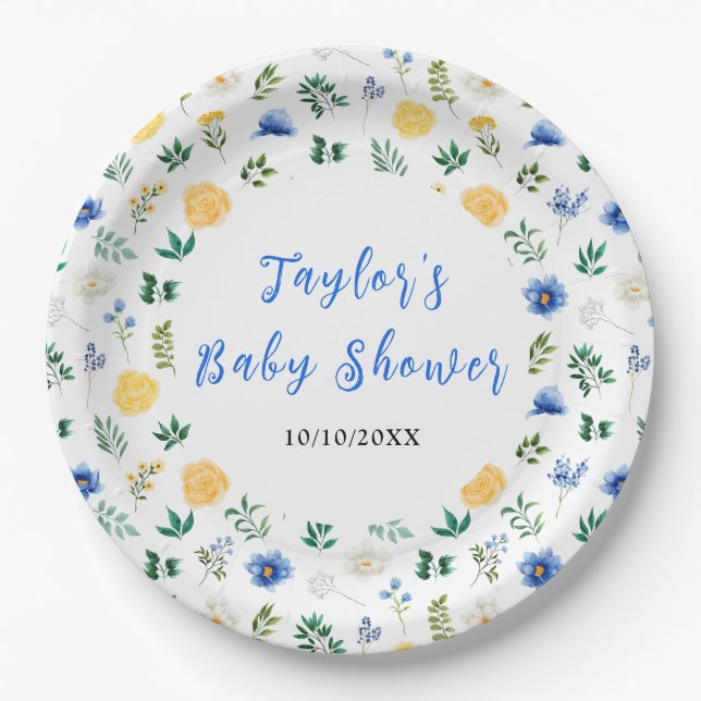 Blue and Yellow Floral Baby Shower Paper Plate (Front)