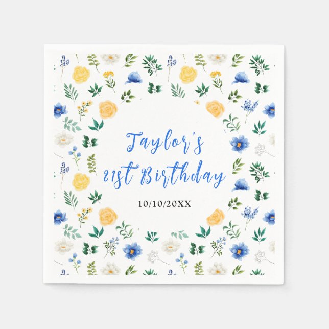 Blue and Yellow Floral Birthday Napkin (Front)