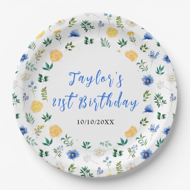 Blue and Yellow Floral Birthday Paper Plate (Front)