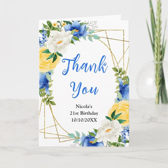 Blue and Yellow Floral Birthday Thank You Card (Front)
