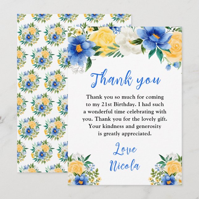 Blue and Yellow Floral Birthday Thank You Card (Front/Back)