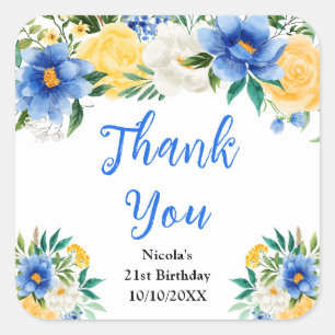 Blue and Yellow Floral Birthday Thank You Square Sticker