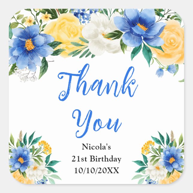 Blue and Yellow Floral Birthday Thank You Square Sticker (Front)