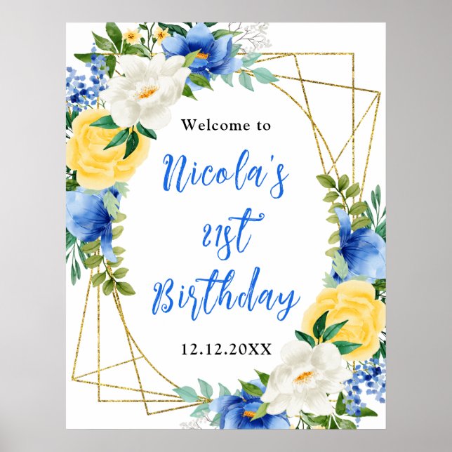 Blue and Yellow Floral Birthday Welcome Poster (Front)