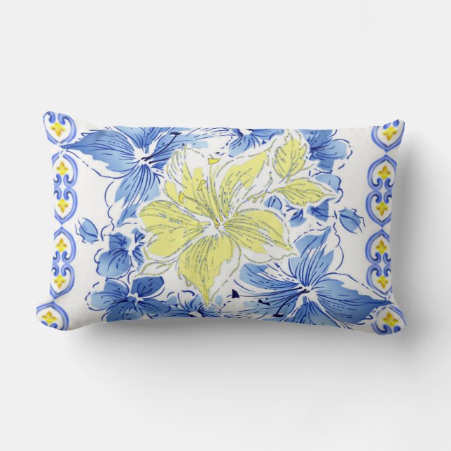 Blue And Yellow Floral Bordered Pillow (Front)