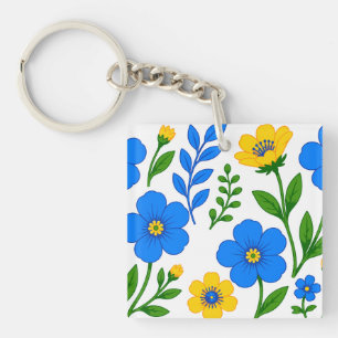 Blue and Yellow Floral Botanical Design Key Ring