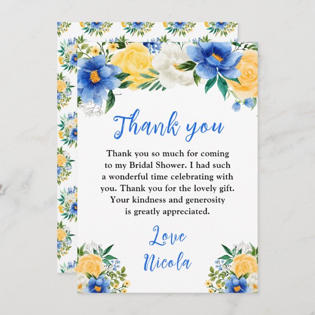 Blue and Yellow Floral Bridal Shower Thank You Card (Front/Back)