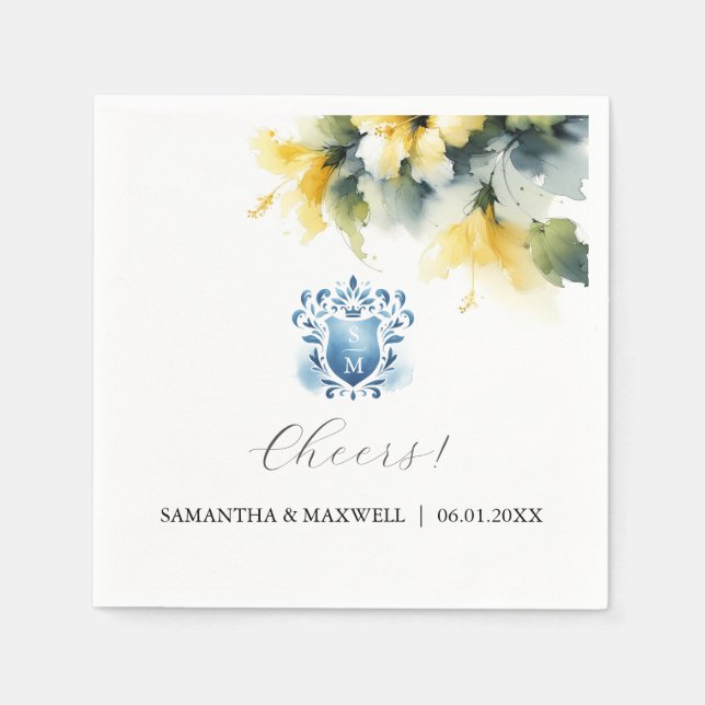 Blue and Yellow Floral Crest Napkin (Front)