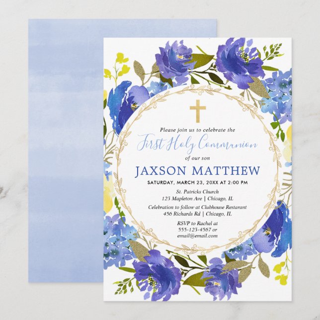 Blue and yellow floral First Holy Communion Invitation (Front/Back)