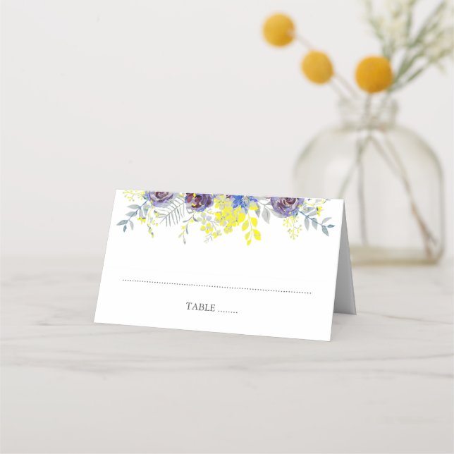 Blue and Yellow Floral Lantern Wedding Place Card (Front)
