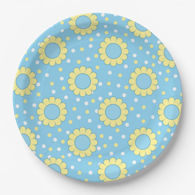 Blue and yellow floral pattern paper plate (Front)