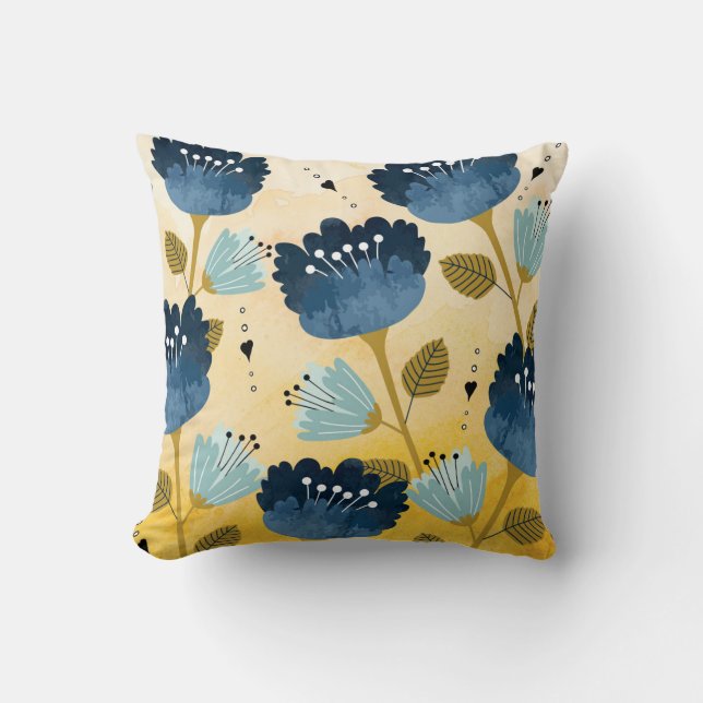 Blue and Yellow Floral Pattern Pillow (Front)