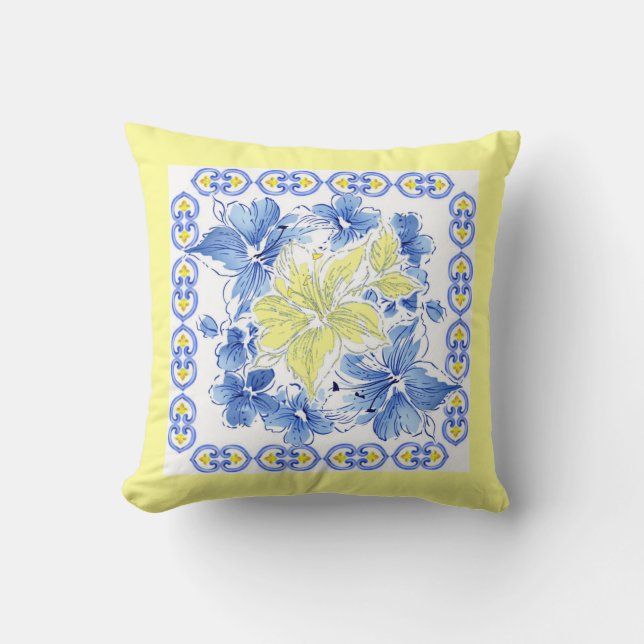 Blue and Yellow Floral Pillow w/Yellow Background (Front)