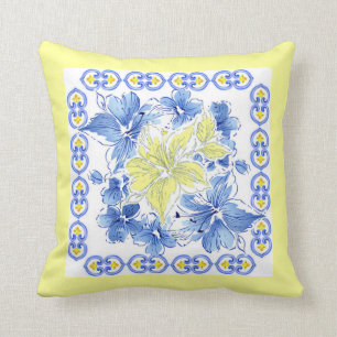 Blue and Yellow Floral Pillow w/Yellow Background