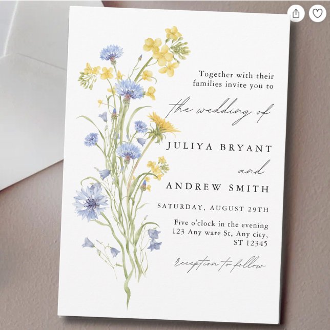 Blue and yellow floral script wedding  invitation (Creator Uploaded)