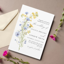 Blue and yellow floral script wedding