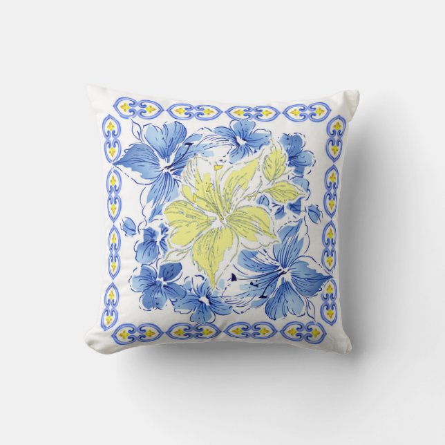 Blue and Yellow Floral Square Throw Pillow (Front)